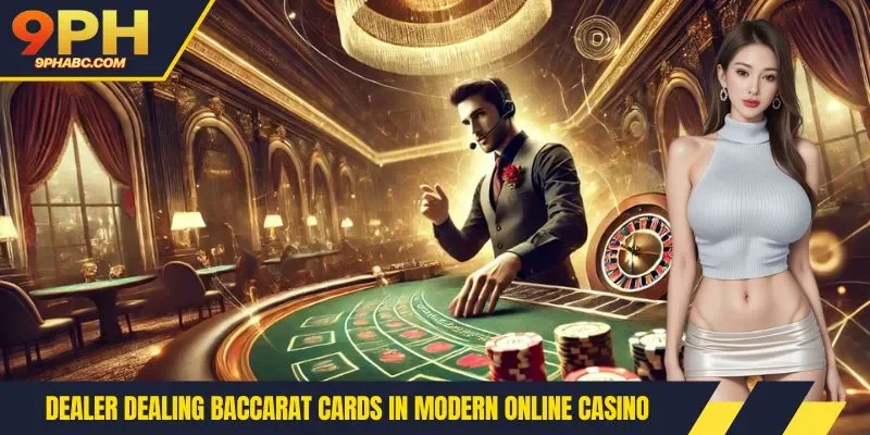 Dealer dealing Baccarat cards in modern online casino